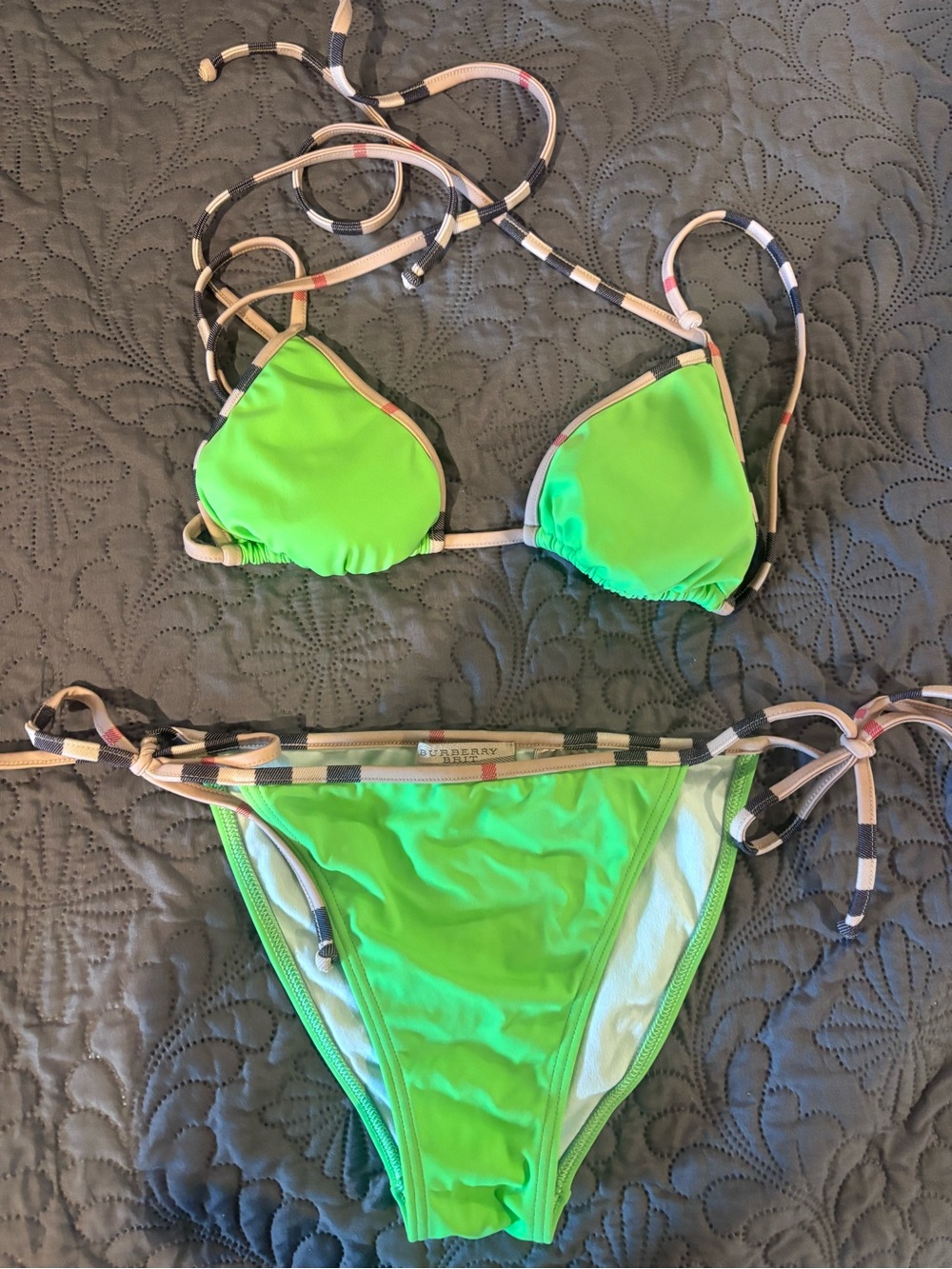 Burberry Neon Lime Triangle Bikini with Check Trim